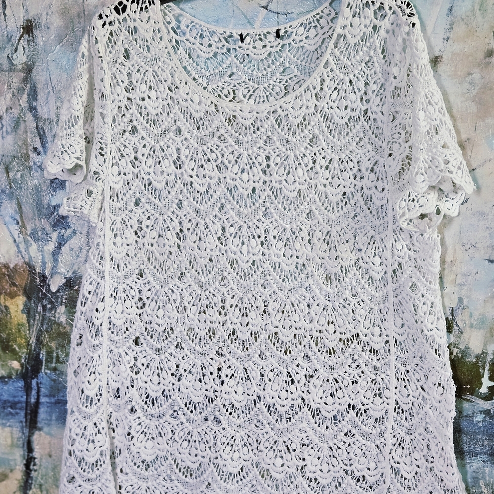 VTG Ella Moss for Anthropology  Open-knit Crochet Lace Overlay Top Sz L/XL